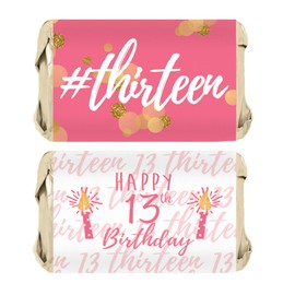 Girls 13th Birthday Party Mini Candy Bar Wrappers, Pink and Gold - 45 Stickers