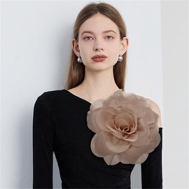 23cm/9" Large Fabric Silky Flower Brooch Pin for Women Girls Dainty Camellia Brooches Lapel Duckbill Alligator Hair Clips Barrettes Floral Hair Pins Holiday Wedding Costume Accessories (Brown)