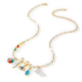 Jragoine Hamsa Charm Necklace for Women,Protection Evil Eye Necklace for Women,Gold Colorful Lucky Pendant Necklce (5 Charms-Blue Shiny Eye)