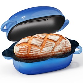 Cast Iron Dutch Bread Oven - 2.5QT Dutch Oven for Sourdough Bread Baking, Cast Iron Bread Loaf Pan with Perforated Non-Stick Silicone Liner, Blue Oval Bread Baking Pan, Gift for Family & Baker
