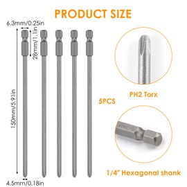 5Pcs PH2 Drywall Screwdriver Gun Bit 150mm Autofeed Collated Drywall Screwgun Replacement with Generic 1/4 inch Magnetic Screw Driver Head for Makita BFR550 6843 DFR550 and Most Screwdriver