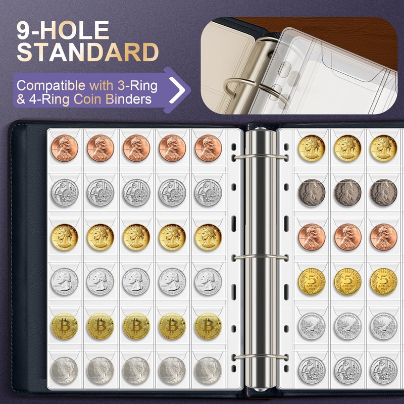 450 Pockets Coin Binder Pages (9-Hole Coin Pocket Pages) -