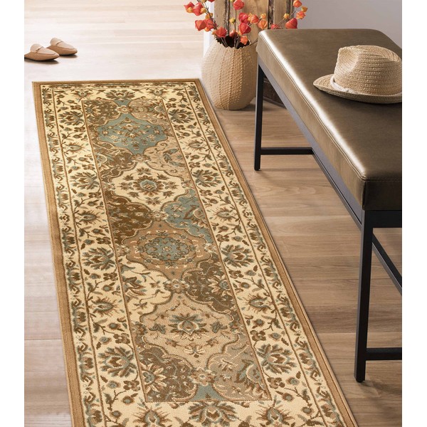 SUPERIOR Indoor Runner Rug, Traditional Floral Classic Floor Decor for Entryway, Hallway, Office, Kitchen, Jute Backed Rugs, Palmyra Collection, Chocolate, Beige, 2' 7" x 8'