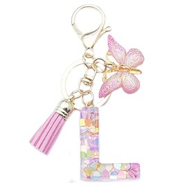 Xsclpomddy A-Z Initials Letter Keychain Pink with Tassel Butterfly Pendant for Wallet Backpack Handbags Women Girls,Letter L