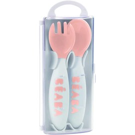 BÉABA - Set of 2nd Age Training Fork and Spoon Nude - Ergonomique Shape - Suitable for Left-Handed and Right-Handed - Transport Case included - Pink