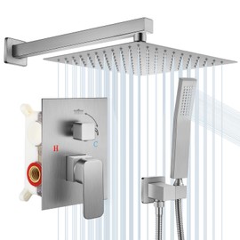 XuoKaer Wall Mounted Double Shower Faucet Combination 12 Inch Rain Shower Faucet Handheld Shower Faucet and Support Set High Precision Shower Mixing Valve Nickel-plated (Nickel-plated, 12 Inch)