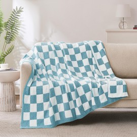 Cozzenity Checkered Throw Blanket, Light Blue Soft Cozy Fluffy Knitted Throw Blankets for Couch, Sofa, Bed, Chair, Warm Fuzzy Travel Picnic Lightweight Plaid Blanket, 50x70 inches