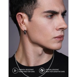 KRKC&CO Hoop Earrings Men, Black Silver Cubic Zirconia Iced Huggie Earring, 925 Sterling Silver, Hypoallergenic Cool Viking Jewelry, Arete Negro Hombre, Gift for Him