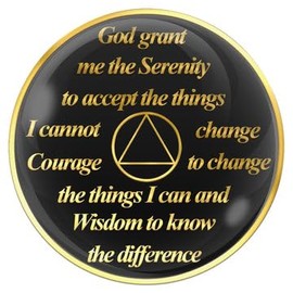 1 Year AA Medallion Flame Black Orange Tri-Plate Sobriety Chip Serenity Prayer Back