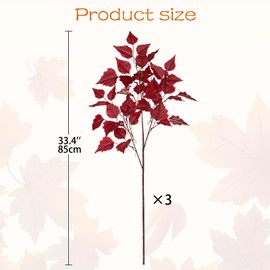 Hollyone 3Pcs Fall Artificial Birch Leaves with Stems 33" Silk Faux Burgundy Autumn Leaf Branches Spray Fake Fall Leaves Decorations for Home Vase Florals Thanksgiving Table Centerpieces Indoor Decor