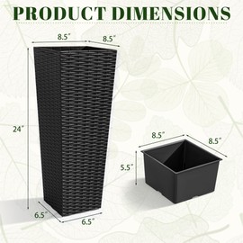 JUMMICO Set of 2 Resin Rattan Planters Outdoor, Large Tapered Planters with Drainage Holes&Inner Trays, Flower Pots for Garden, Patio, Porch, Backyard (Black, 24'')