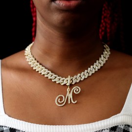 PTJDSMF Gold Silver Plated Initial Cuban Link Chain Necklace for Women Cursive Letter Gold Miami cuban link chain Iced out chain with pendant for women, Zinc, Rhinestone