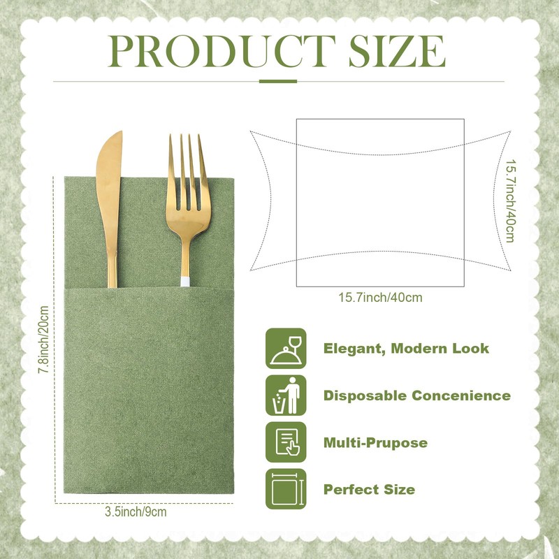 Qilery 50 Pcs Sage Green Disposable Dinner Napkins with Silverware