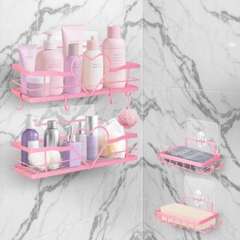 DARCKLE Pink Shower Caddy,4 Pack No Drilling Adhesive Organizer Shelf Rustproof Stainless Steel Bathroom Organizer,with Soap Holder for Bathroom Shower,Kitchen,Bedroom