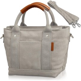 Encore Women's Men's Mini Tote Bag, Dividers, High Visibility Leather Wrapped Handle, 2-Way Standing, Lightweight, Smaller, Canvas Shoulder Bag, gray