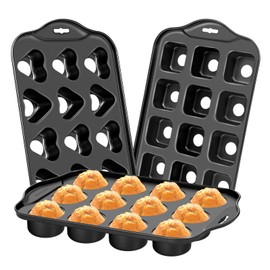 Dualshine 3Pack Mini Cheesecake Pans Removable Bottom, Mini Cupcake Pans 12 Hole Mini Muffin Pan Nonstick Carbon Steel Round, Square, Heart-Shaped Mini Muffin Tin for Pancakes, Mini Cheesecakes