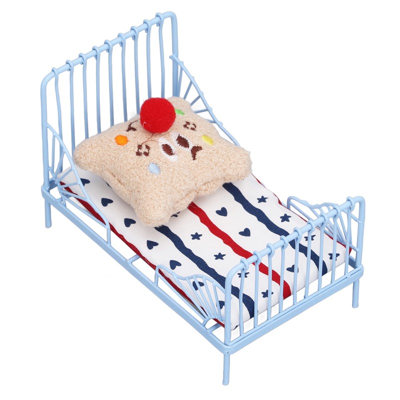 1:12 Miniature Bed Metal Structure Cute Pattern Sponge Cloth Mattress