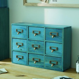 9 Drawers Wooden Library Card Catalog Cabinet with Label Slots and Metal Handles,Tabletop Apothecary Cabinets,Herb Storage Box,Blue