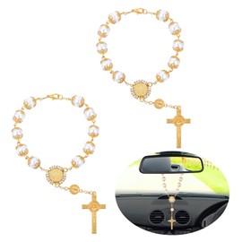 Cobee Car Rosary for Rearview Mirror, 2 Pieces Car Mirror Hanging Cross Auto Rosary Rear View Mirror Pendant Car Hanging Accessories Interior Decors for Women Men (Gold)