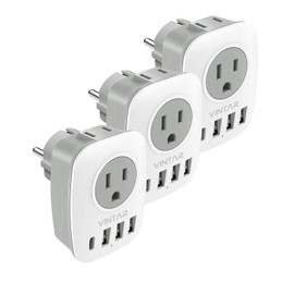 3 Pack Type E/F Plug Adapter, VINTAR Schuko Germany France Adapter Plug,South Korea Outlet Adapter with 1 USB C,3 USB Ports and 2 Outlets, US to EU Spain Iceland Greece Paris German French Korea
