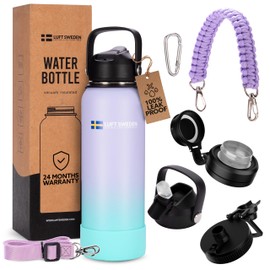 LUFT SWEDEN Reusable Insulated Water Bottle Stainless Steel - 32 Oz, Leakproof Double Wall Insulated Water Bottle with Straw Lid, Dishwasher Safe Lavender Metal Gym Bottle for Cold Drinks