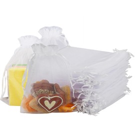 100 Pcs White Organza Gift Bags - 13x18 cm Chiffon Pouches with Drawstring for Jewelry, Wedding Favors, Party Gifts, and Candy Bags, Gauze Bags Jewelry Drawstring Pouches Mesh Gift Bags