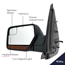 Spieg Driver Side Mirror for 2012-2017 Ford Expedition | Left Side Mirror Assembly with Power Adj Heated Puddle Lamp Spotter Glass Manual Fold Memory Turn Signal Light | Textured Black Cover 11 Pins