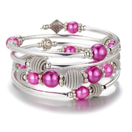 PEARL&CLUB Beaded Chakra Bangle Turquoise Bracelet - Fashion Jewelry Wrap Bracelet with Thick Silver Metal and Mala Beads, Birthday Gifts For Women(Fuchsia)