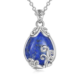 POPLYKE Sterling Silver Lapis Lazuli Filigree Teardrop Pendant Necklace Gemstone Crystal Jewelry for Women