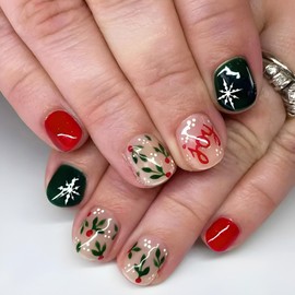 Christmas Press on Nails Short Square Fake Nails with Snowflake Holly Designs Glossy Red Green False Nails Winter Xmas Glue on Nails Artificial Nails Christmas Nail Art Kit for Women 24Pcs