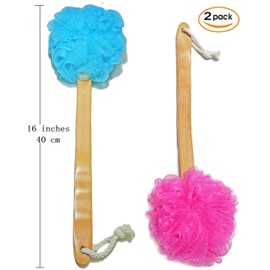 Shower Loofah Body & Back Scrubber - Exfoliating Loofah Bath Brush On a Stick - With Long Wooden Handle Back Brush For Men & Women - Easy Reach Body Wash & Lotion Applicator（ 2 PACK- Blue&Red）