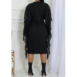 Vaceky Fringe Sweater Dress Women Turtleneck Side Tassel Cable Knit Maxi Western Dresses Black