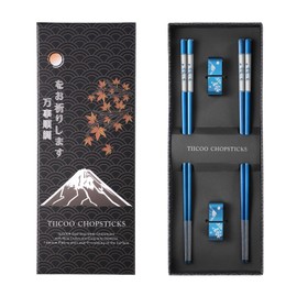 TIICOO Metal Chopsticks Reusable 2 Pairs Titanium Plated 18/8 Stainless Steel Chopsticks with Holder, Dishwasher Safe Non-Slip Japanese Style Laser Engraved Chop Sticks Gift Set (Blue)