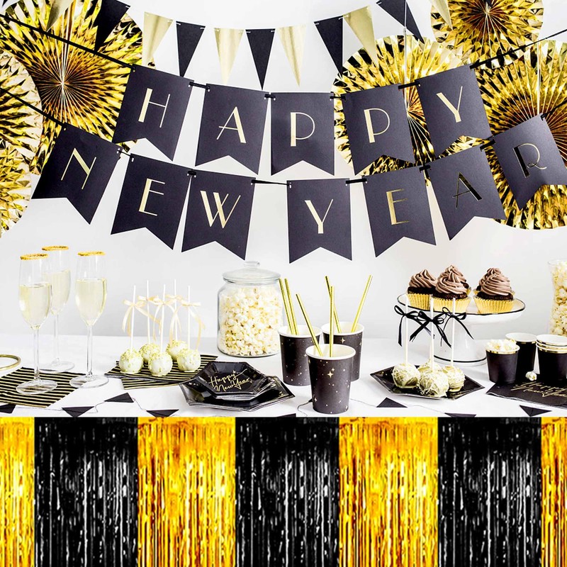 3 Pack Black and Gold Tinsel Table Skirts