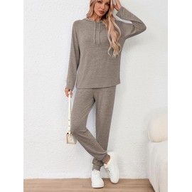 Famulily Women's Casual Workout Tracksuits Solid Color Cozy Sweatsuit Ladies Trendy Matching Sets Coffee M