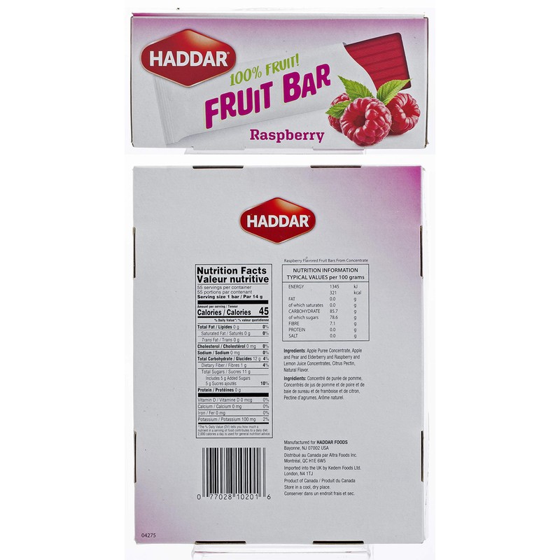 Haddar 100% Fruit, Raspberry Fruit Leather Bars (Box of 55)