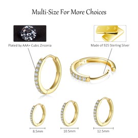Gold Hoop Earrings for Women 3 Pairs Sterling Silver Cubic Zirconia Small Gold Hoop Earrings, Huggie Hoops Sleeper Earrings, 8 10 12mm