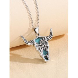 CHENGHONG Cow Necklace for Women 925 Sterling Silver Turquoise Cow Skull Necklace Western Cow Jewelry Gifts for Women Men