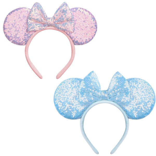 Diadema de orejas de mouse, 2 diademas con lentejuelas para el cabello para baby shower, decoración de fiesta temática de Halloween, rosa y azul