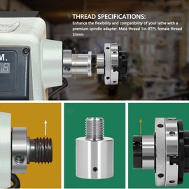 Jadeshay Woodworking Lathe Headstock Spindle Adapter, Alloy Steel Thread Chuck Insert Adaptor Steel Faceplate 1in‑8TPI to 33mm