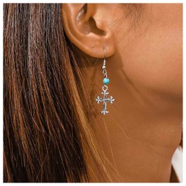 Inilbran Boho Turquoise Cross Drop Earrings Silver Turquoise Cross Crucifix Earrings Vintage Jesus Cross Hook Earrings Blue Turquoise Earrings Crucifix Religious Earrings Jewellery for Women and Girls