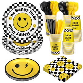 Kochorie 196 Pieces One Happy Dude Birthday Party Decorations Disposable Tableware Set Smiley Face Paper Plates Cups Napkins for One Happy Dude 1st Birthday Preppy Baby Shower Party Decor, Serve 28