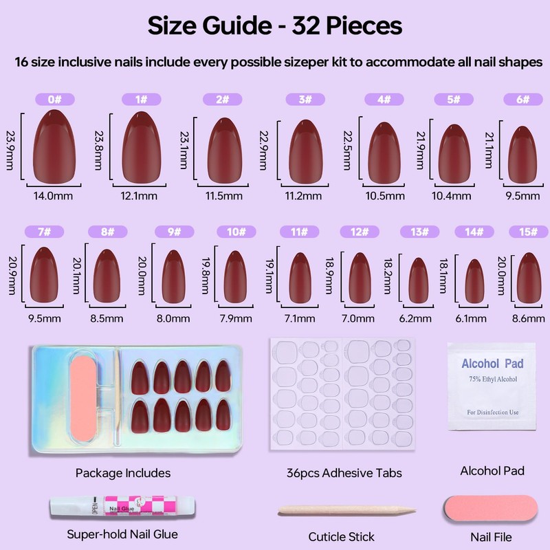 ASONRL 32 PCS Long Almond Maroon Press on Nails- Solid