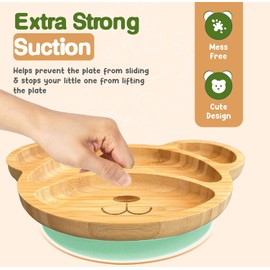 Bamboo Plates for Kids - Baby & Toddler Plates with Suction for Feeding & Weaning, Eco-Friendly Bear Design Promotes Self-Feeding, Ideal for Busy Moms & Dads, Sturdy & BPA-Free (Mint)
