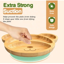 Bamboo Plates for Kids - Baby & Toddler Plates with Suction for Feeding & Weaning, Eco-Friendly Bear Design Promotes Self-Feeding, Ideal for Busy Moms & Dads, Sturdy & BPA-Free (Mint)