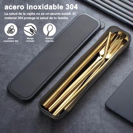 AMZYYDS Dos conjuntos Juego de 304 Cubiertos de Acero Inoxidable de 7 Piezas en 1 * 2,No316Set de Cubiertos Portatiles con Cuchillo, Total 14 sistemas Juego de Cubiertos Dorados (dorado2)