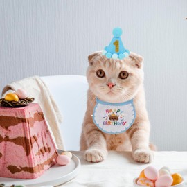 PTDECOR Cat Birthday Party Supplies, Boy Cat Birthday Hat with Numbers Birthday Cat Bandana Pet Birthday Decorations for Cat Kitten Birthday Outfits (Blue)