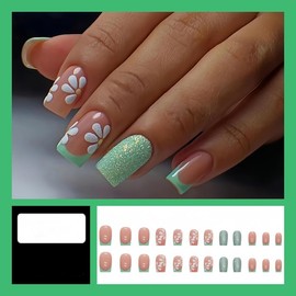 24 Pcs French Tip Green Press on Nails Medium Square- ZIFANHU Glitter Fake Nails Press ons Nail Art Tip Full Cover False Nails with Cute Flower Design Glue on Nails Acrylic Nail Kit for Women