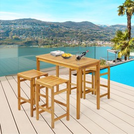 Tangkula Outdoor Acacia Wood Bar Table, 45” Rectangular Bar Height Farmhouse Rustic Dining Table with Slatted Tabletop, for Patio Porch Garden Deck, Teak Finish