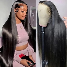 Straight Lace Front Wigs Blend Human Hair 200% Density 13x4 HD Transparent Lace Frontal Wigs Pre Plucked With Baby Hairstretched length: 28", color: Black